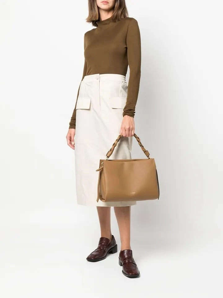 Braided-Trim Leather Tote