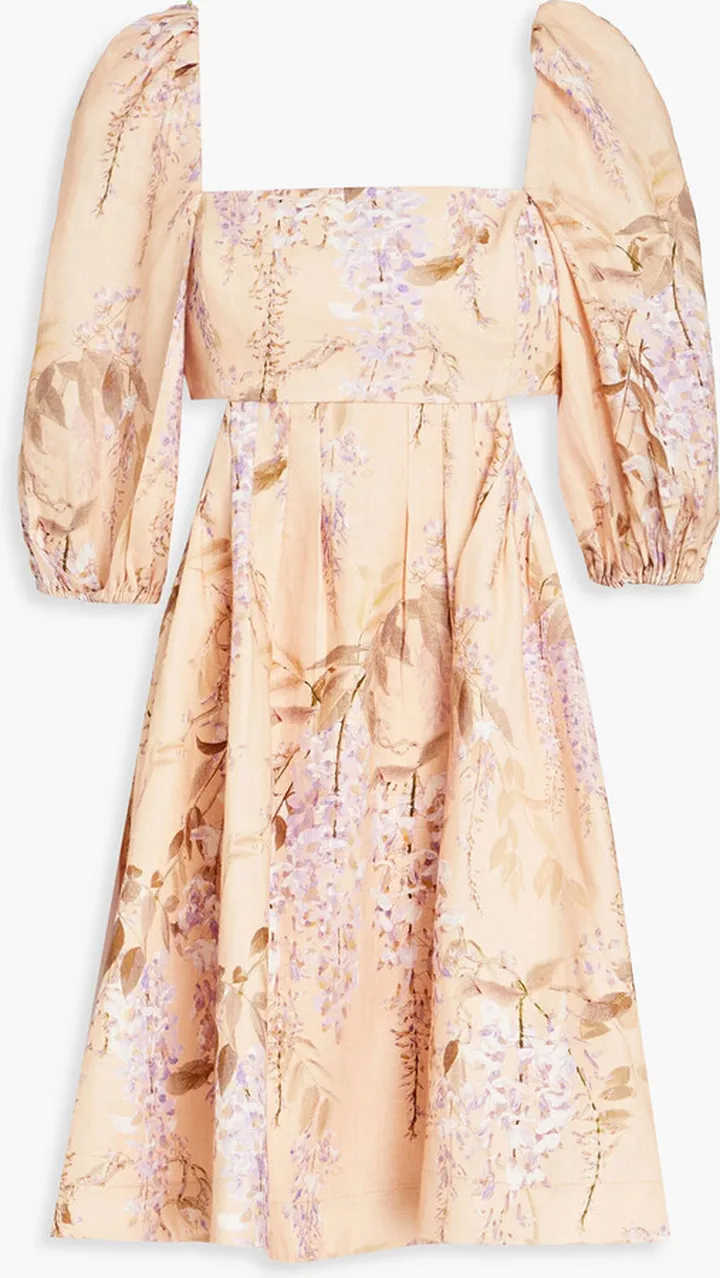 Pleated floral-print linen mini dress