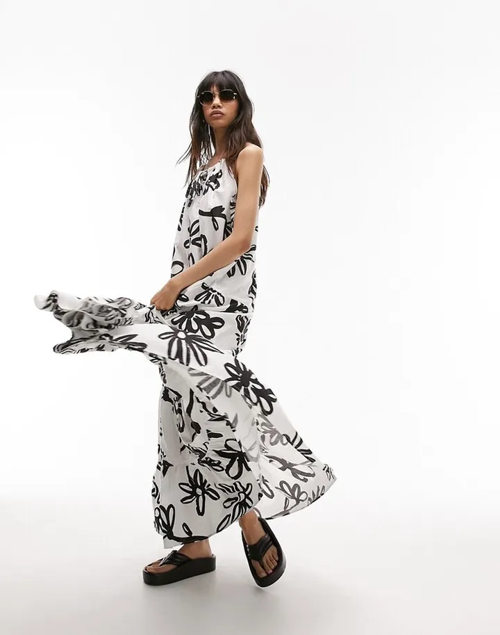 Topshop tiered poplin chuck on maxi dress in large daisy