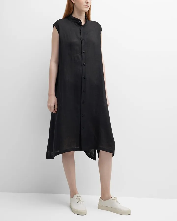A-line Collarless Sleeveless Linen Shirtdress