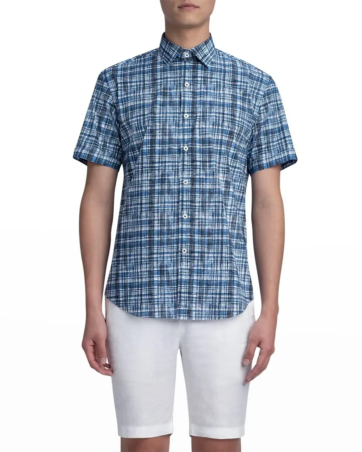 Men's Orson Shaped Short-Sleeve Comfort Stretch Shirt - Madras