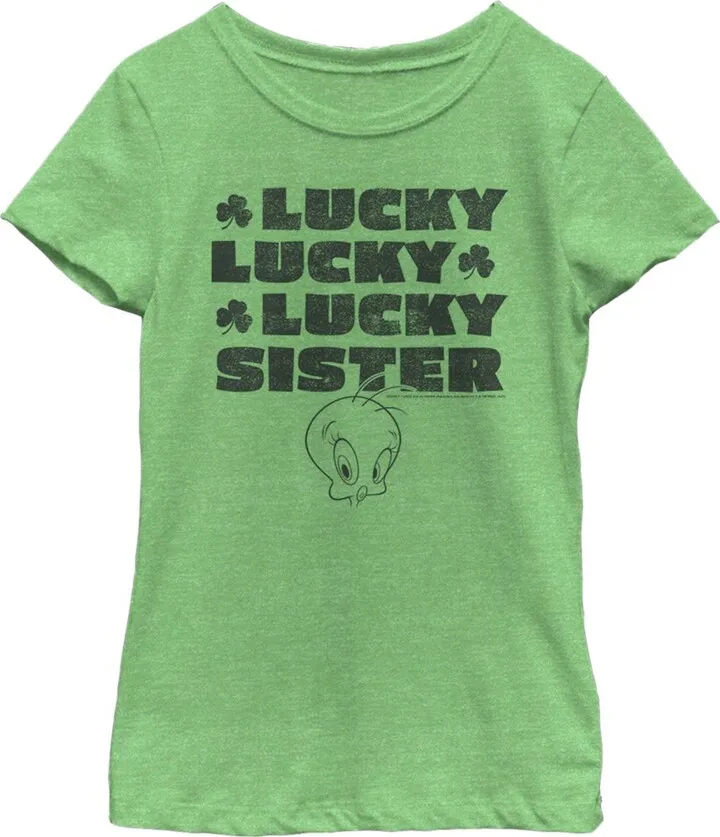 Girl's Looney Tunes St. Patrick's Day Tweety Lucky Lucky Lucky Sister T-Shirt - Green Apple - X Small