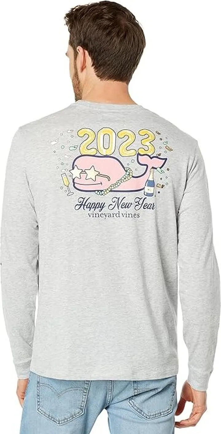 Vineyard Vines New Years Champagne Long Sleeve Pocket Tee (Grey Heather) Men's Clothing