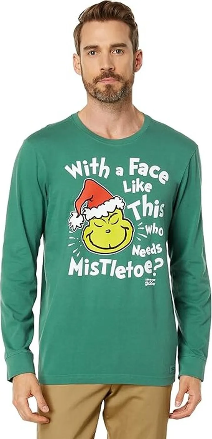 Life is Good With A Face Like This Grinch Long Sleeve Tee (Spruce Green) Men's Clothing
