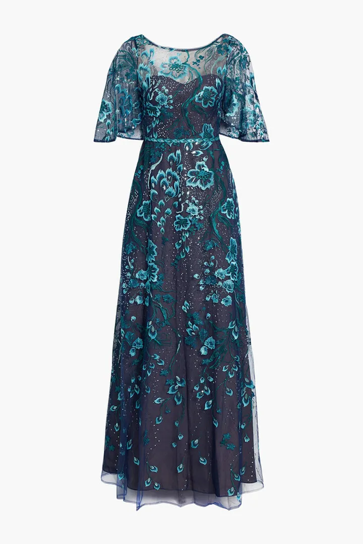 Sequin-embellished embroidered tulle maxi dress