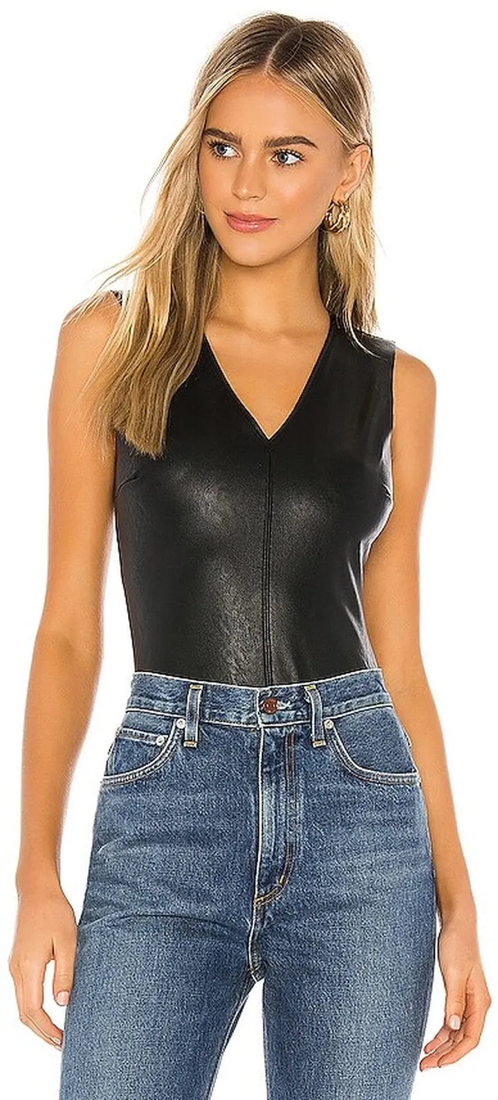 Faux Leather V Neck Bodysuit