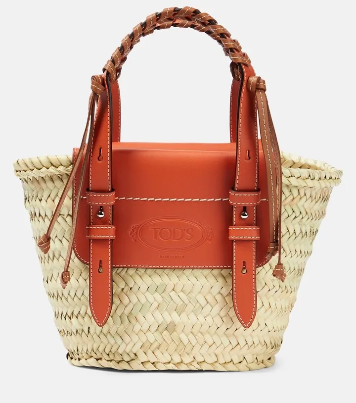 Small leather-trimmed raffia tote bag