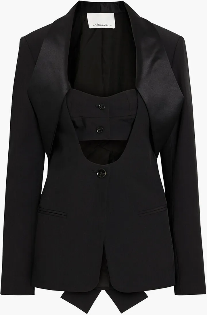 Satin-trimmed cutout wool-blend crepe blazer