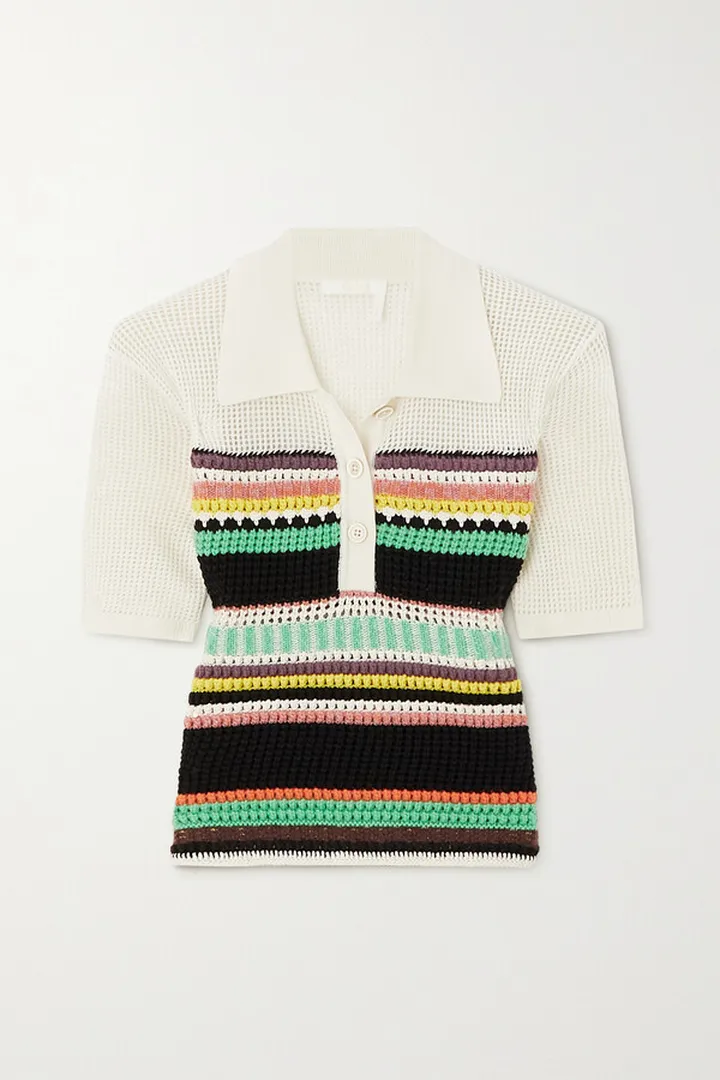 Chloé - Striped Crochet-paneled Wool Polo Shirt - White