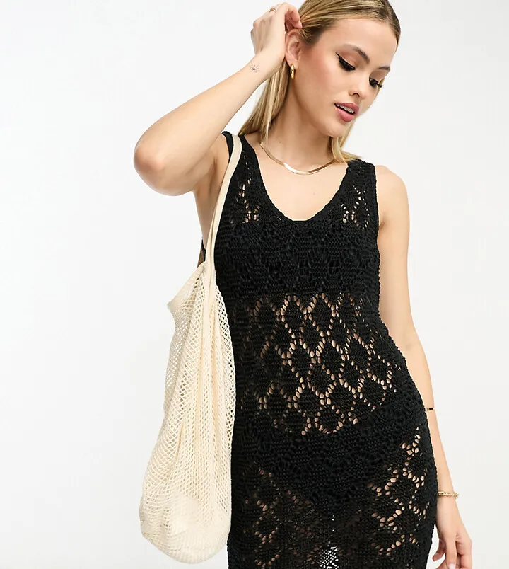 ASOS DESIGN Tall knitted sleeveless mini dress in open stitch in black