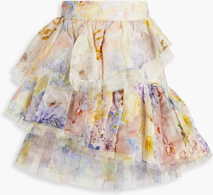 Ruffled floral-print silk and linen-blend gauze mini skirt