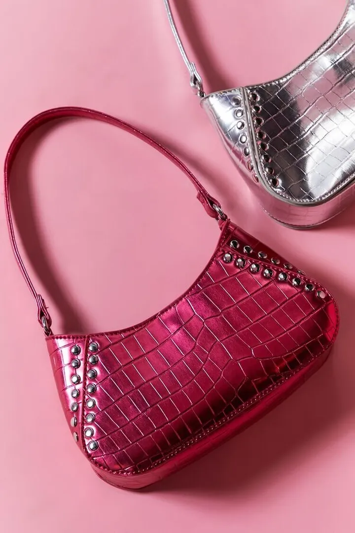 Metallic Faux Croc Leather Shoulder Bag
