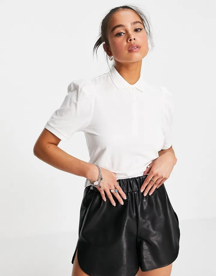Only organic cotton polo top with pleated sleeve in cream