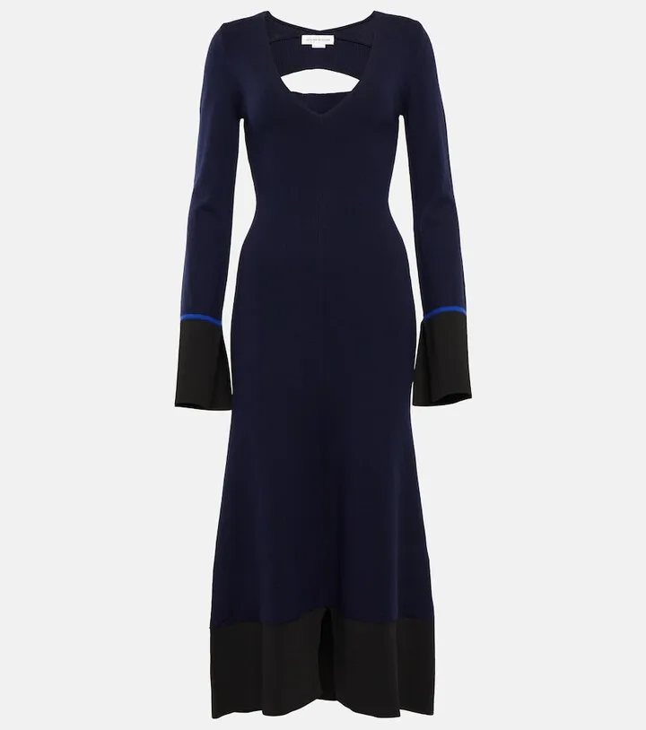 V-neck wool-blend midi dress