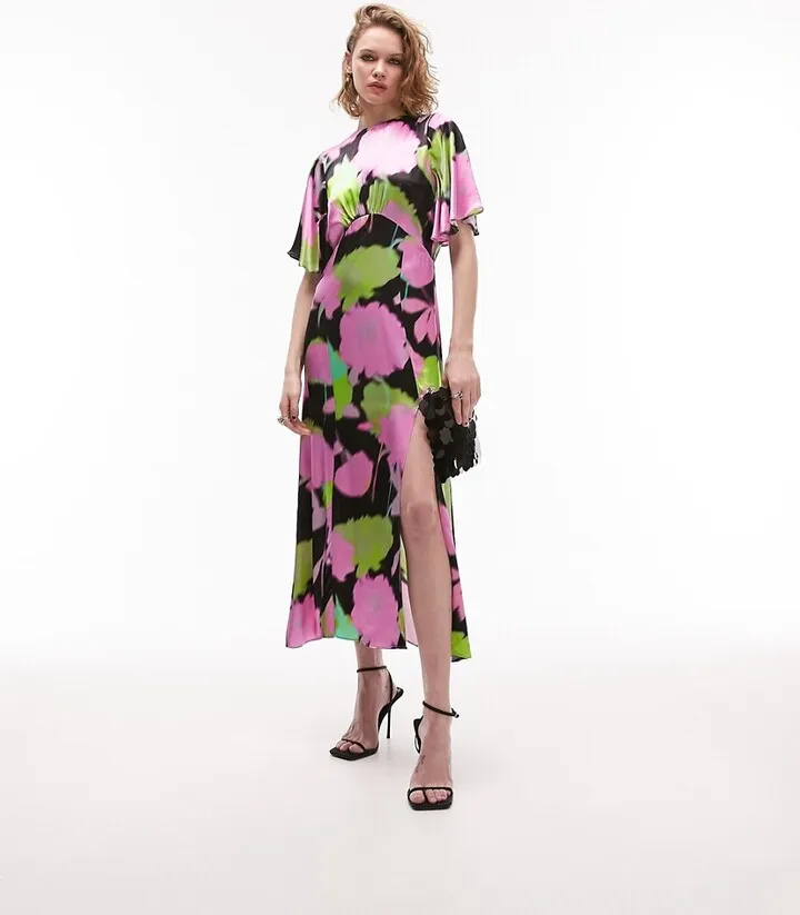 Topshop Austin bold floral print angel sleeve midi occasion dress in multi
