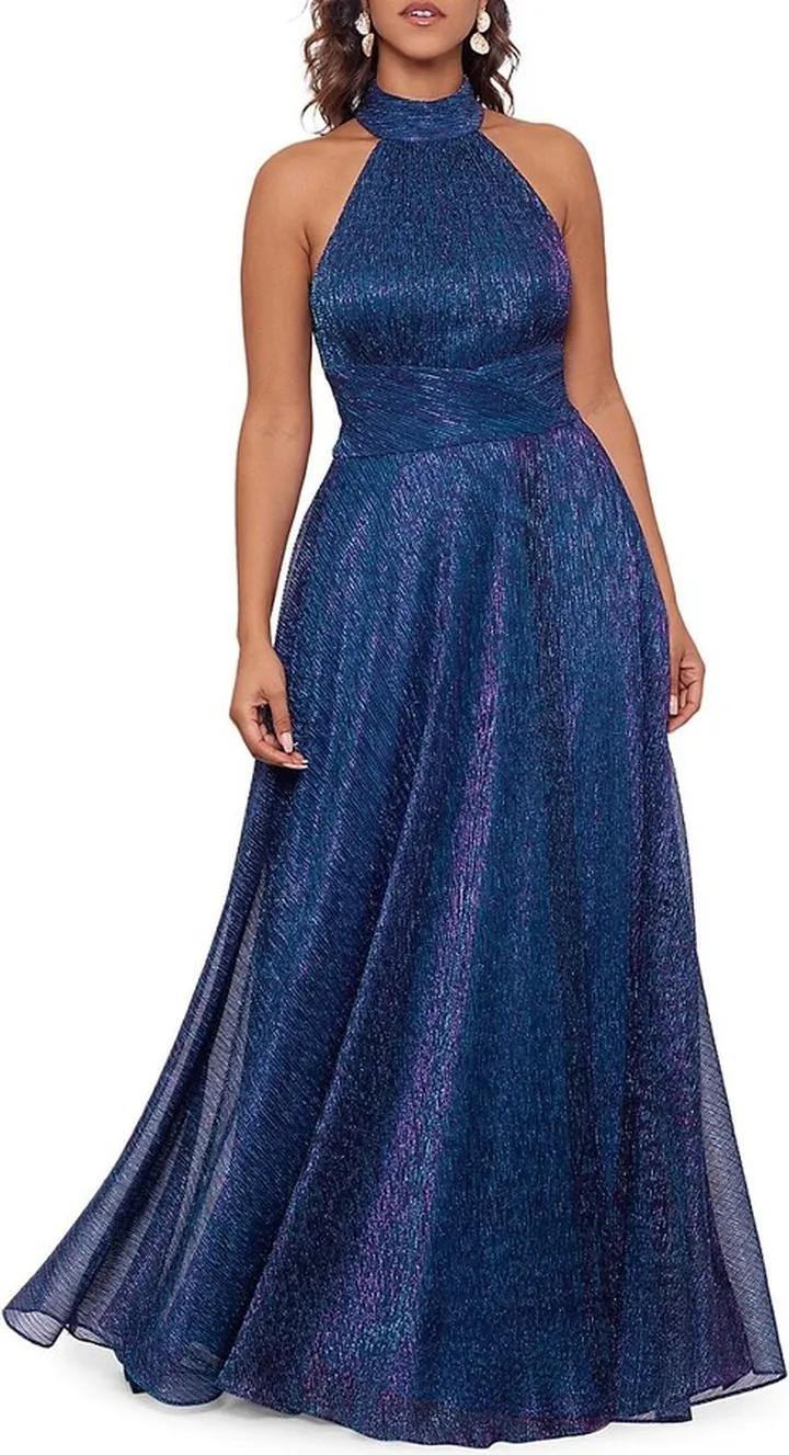 Metallic Crinkle Halterneck Gown