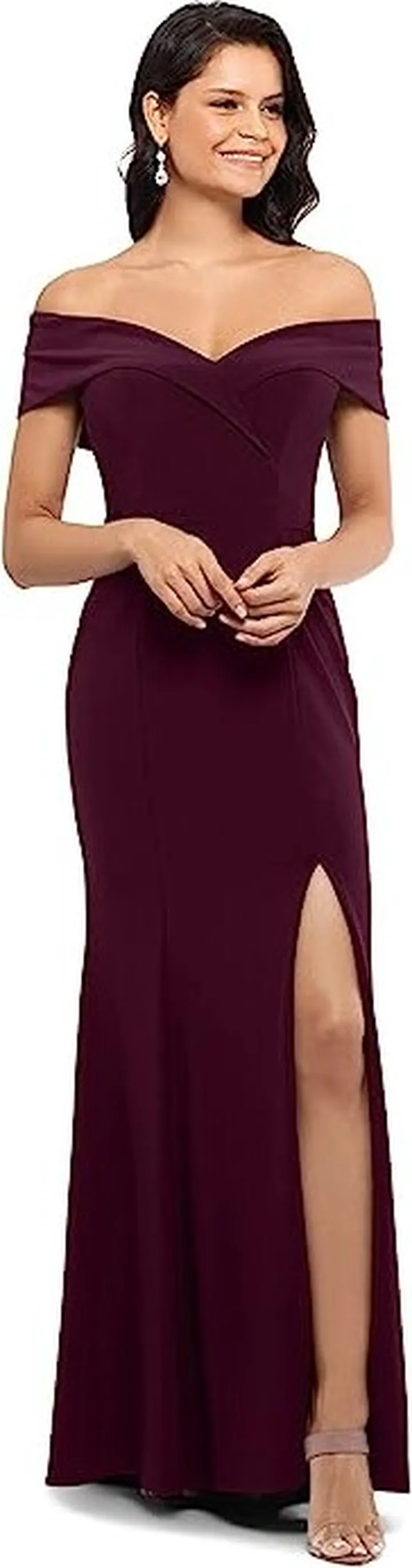XSCAPE Long Over-the-Shoulder Dress (Wine) Women's Evening