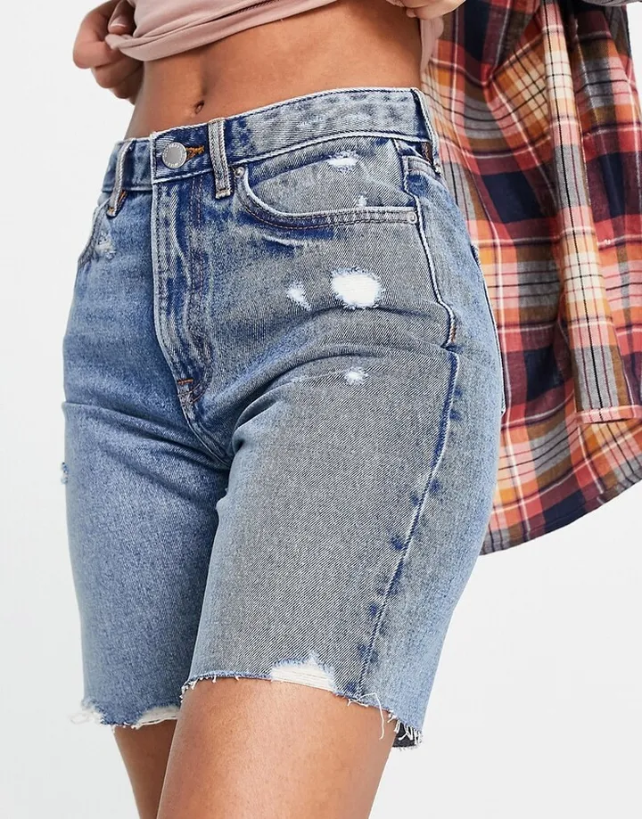 Miss Selfridge longline denim short in midwash blue
