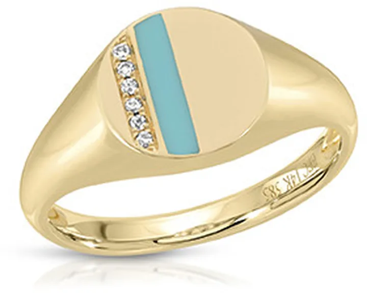 Diamond & Turquoise Enamel Stripe Signet Ring (14k Yellow Gold) - Size 3.5