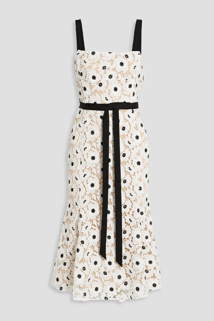 Bow-embellished guipure lace midi dress