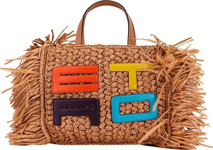 Rafia handbag with multicolor leather logo