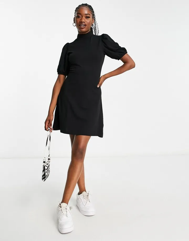 JDY puff sleeve high neck mini dress in black
