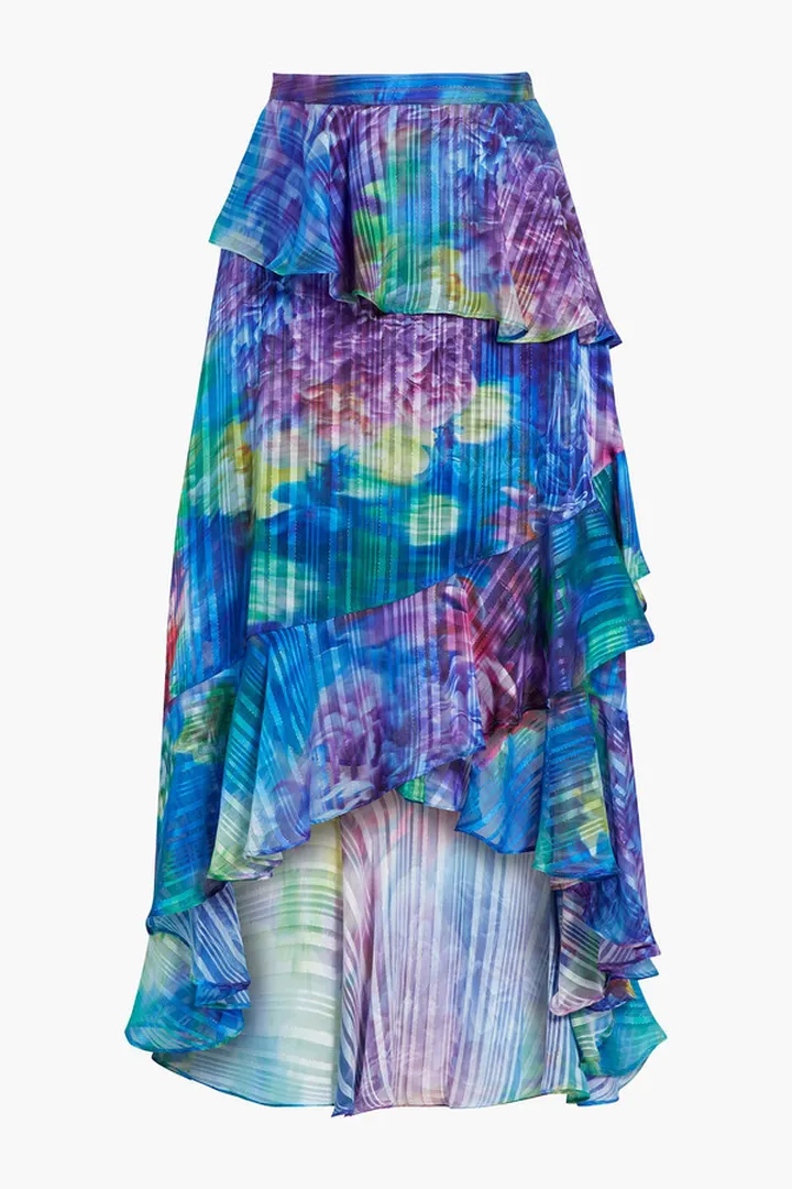 Asymmetric metallic printed jacquard midi skirt