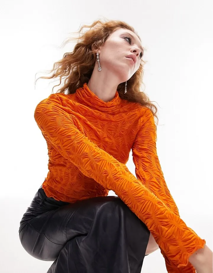 Topshop textured long sleeve high neck top in orange