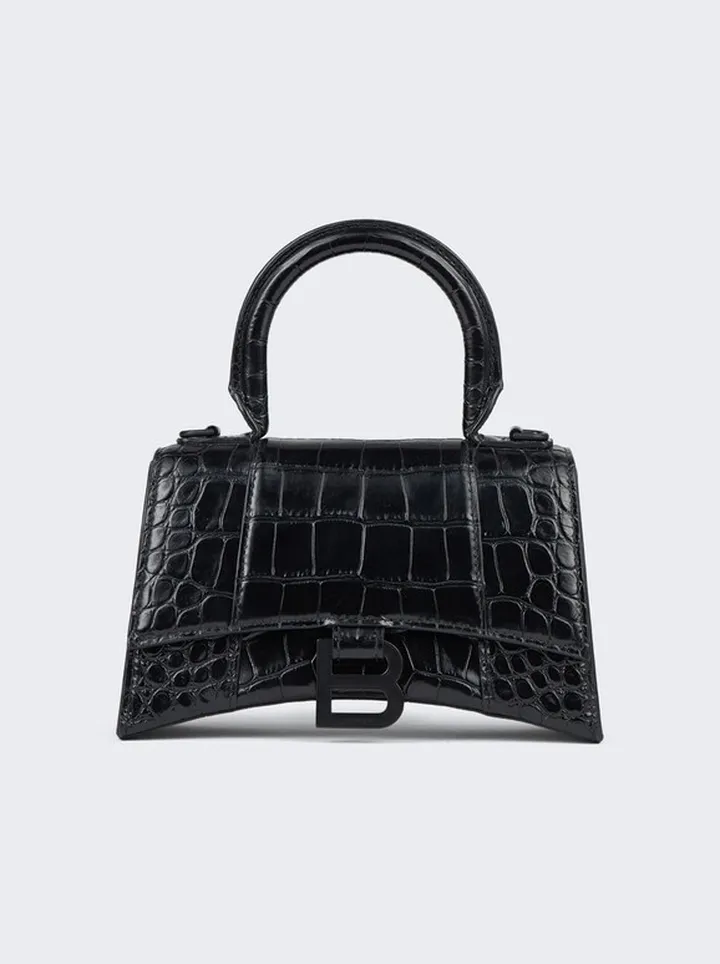 Crocodile Embossed Hourglass Handbag Black