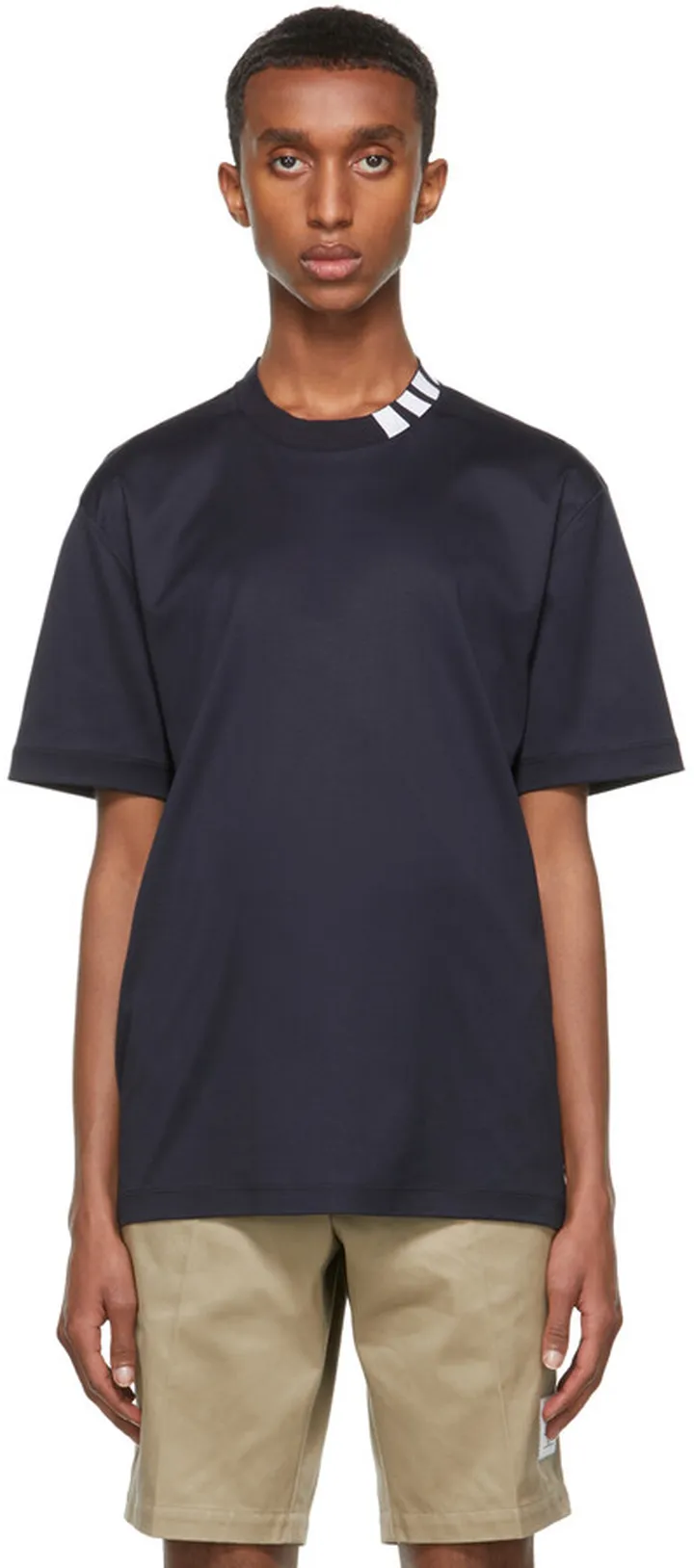 Thom Browne Navy Interlock 4-Bar Mock Neck T-Shirt