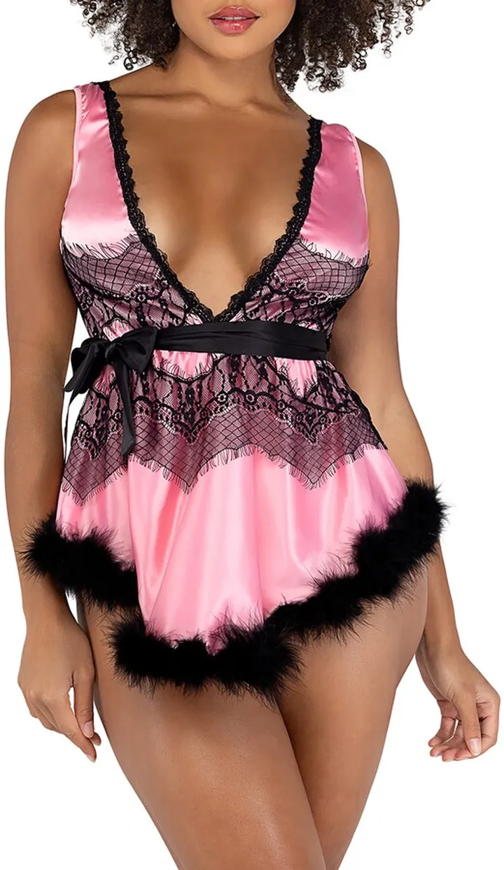 Lace Trim Satin Babydoll Chemise & Thong Set