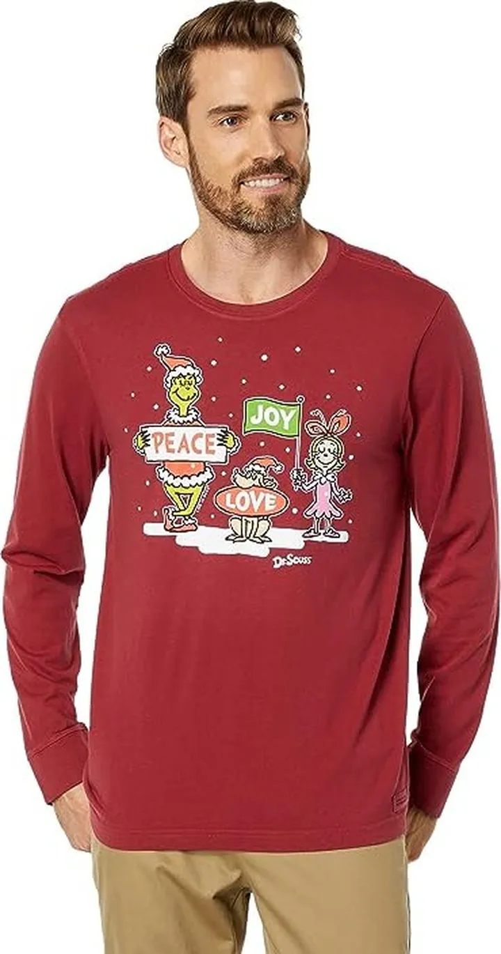 Life is Good Grinch Peace Love Joy Long Sleeve Tee (Cranberry Red) Men's Clothing