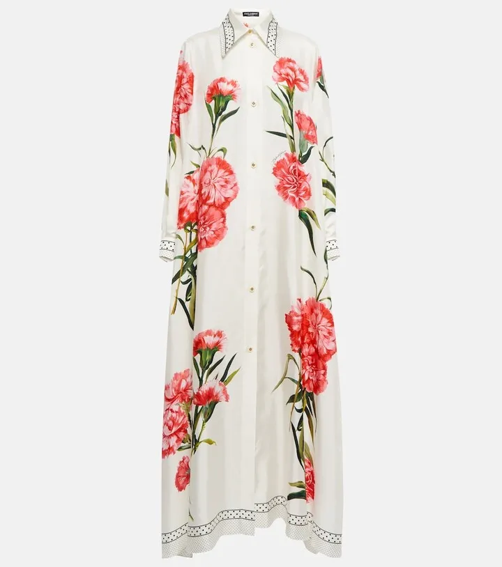 Floral-printed silk twill kaftan