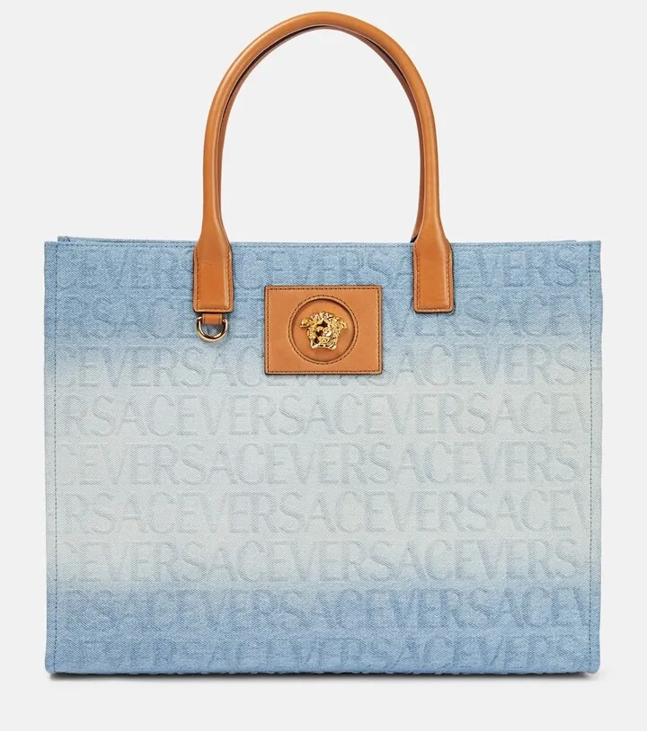 Large logo denim tote bag