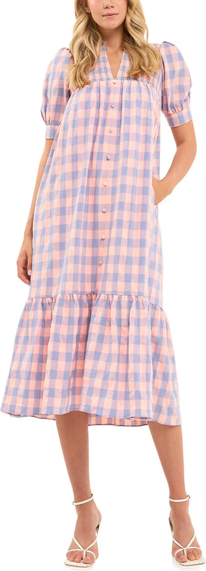 Gingham Textured Smocked Yoke Midi Dress