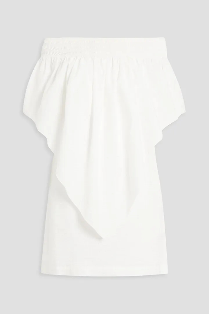 Off-the-shoulder cotton and silk-blend seersucker mini dress