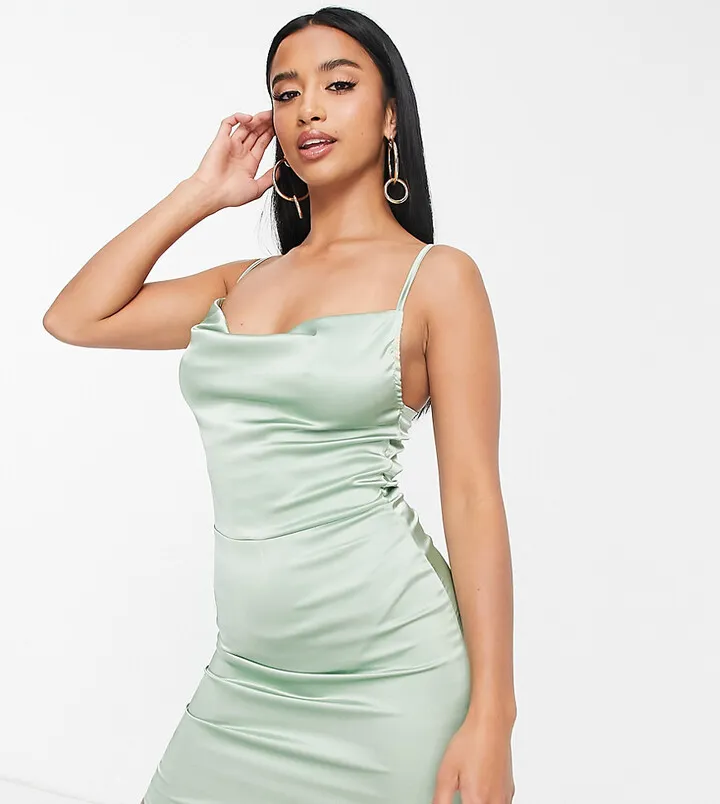 Parisian Petite satin cowl neck cami mini dress in sage green