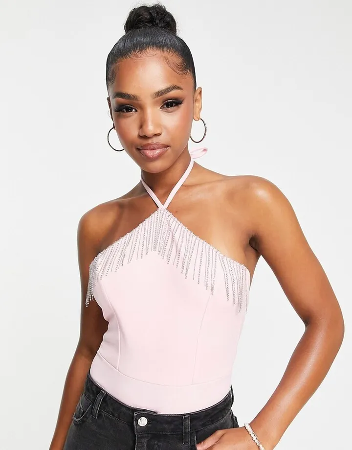 Miss Selfridge diamante trim halter bodysuit