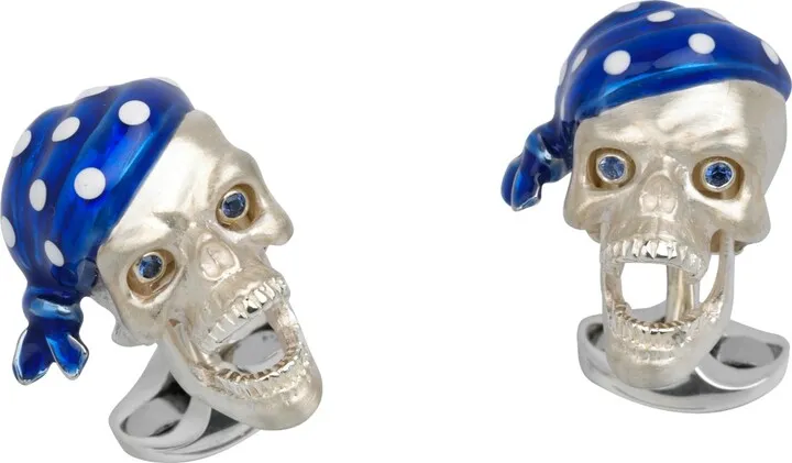 Deakin & Francis - Deakin & Francis Sterling Silver Pirate Skull Cufflinks With Blue Bandana & Sapphire Eyes