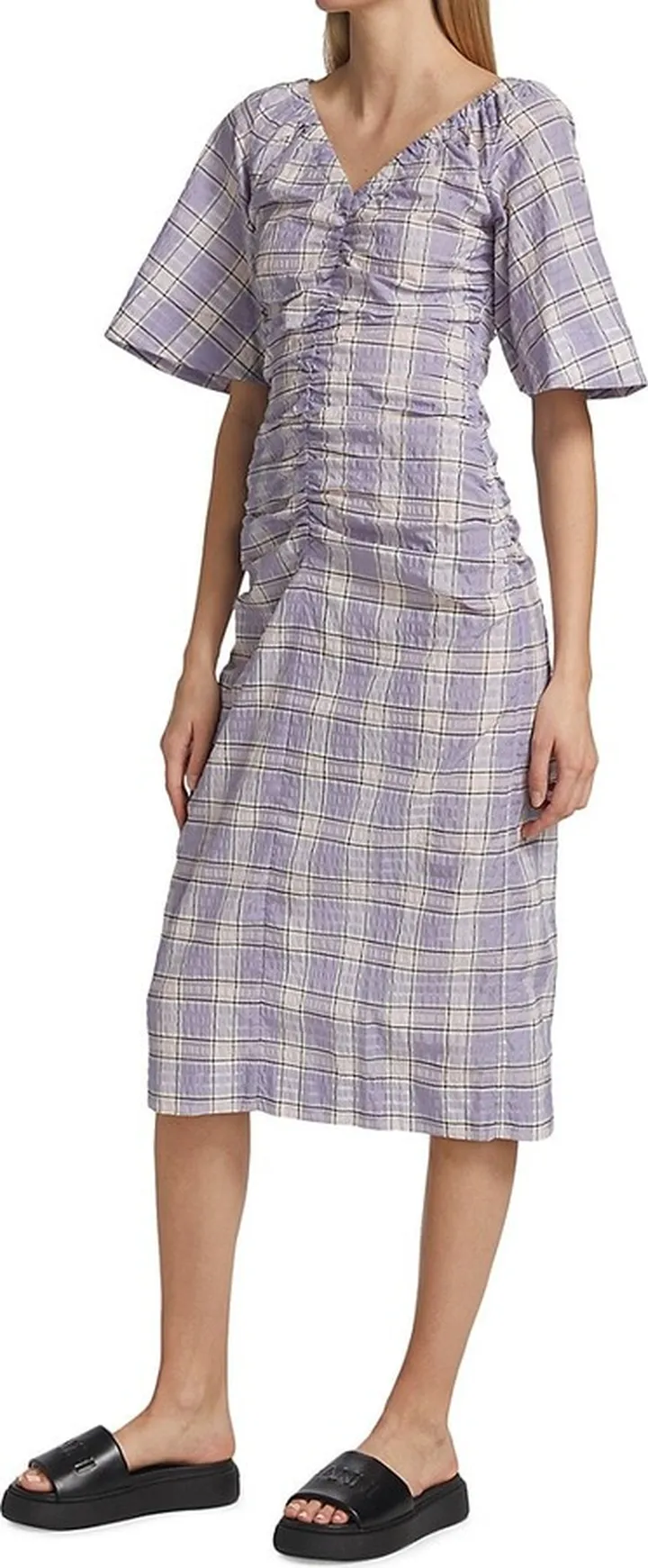 Seersucker Check V-Neck Midi-Dress