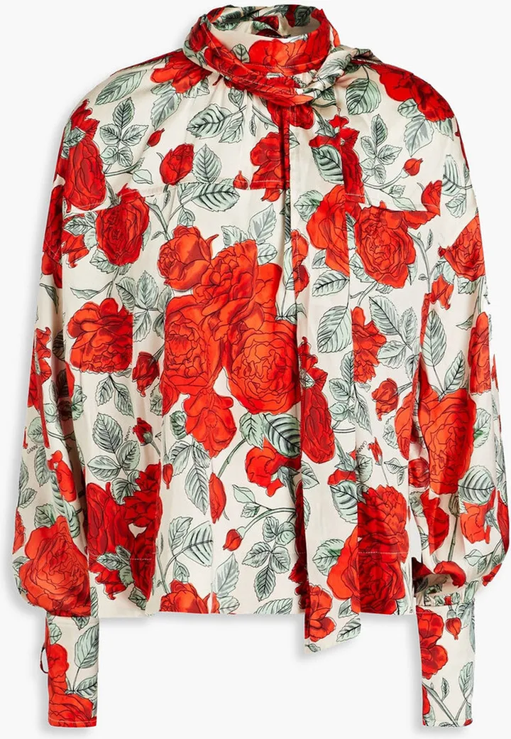 Tie-neck floral-print stretch-silk satin blouse