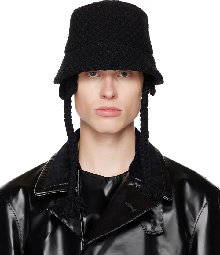 Y's Black Ear Flap Bucket Hat