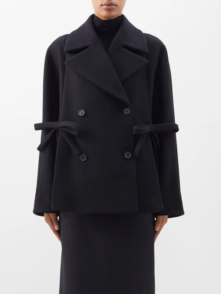 Bow-trim Double-breasted Wool-blend Peacoat