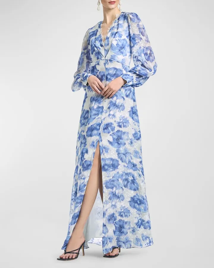 Galina Dotted Floral-Print Chiffon Maxi Dress