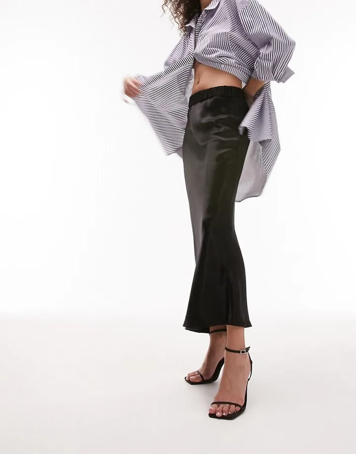 Topshop elasticated waist bias midi skirt in black