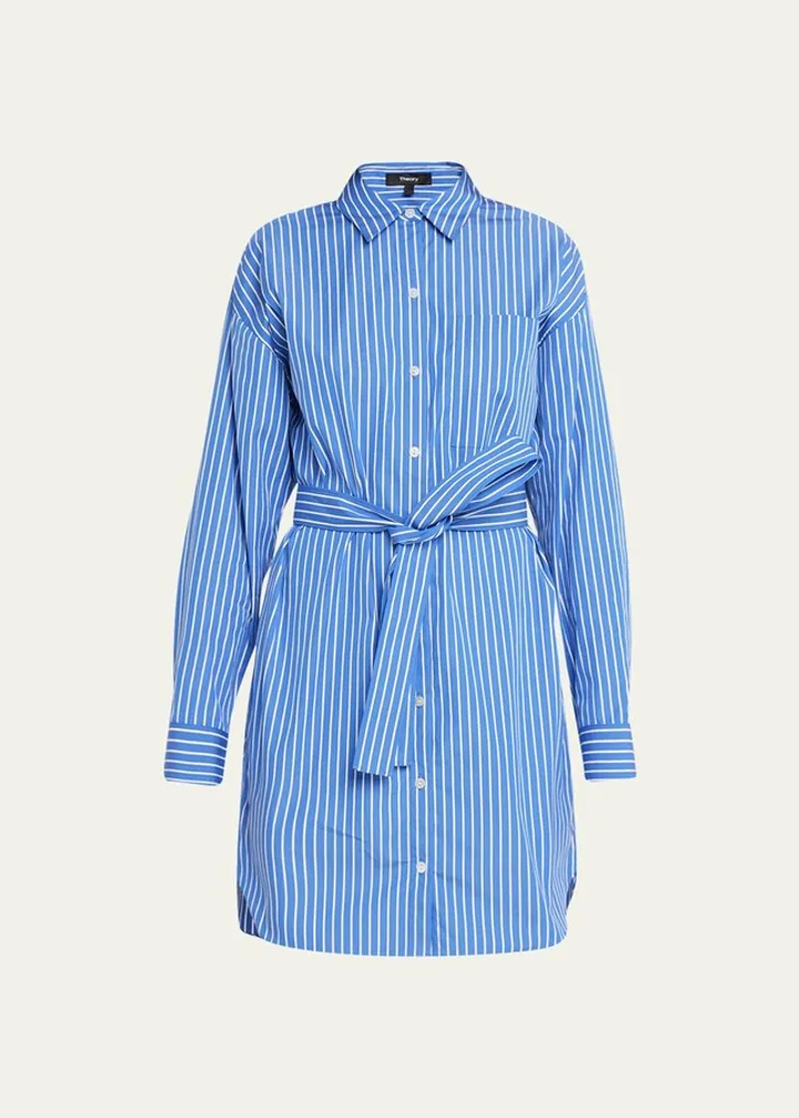 Long-Sleeve Oversized Tie-Belt Mini Shirtdress