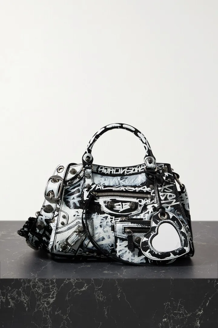 Balenciaga - Neo Cagole Xs Studded Printed Crinkled-leather Tote - Black