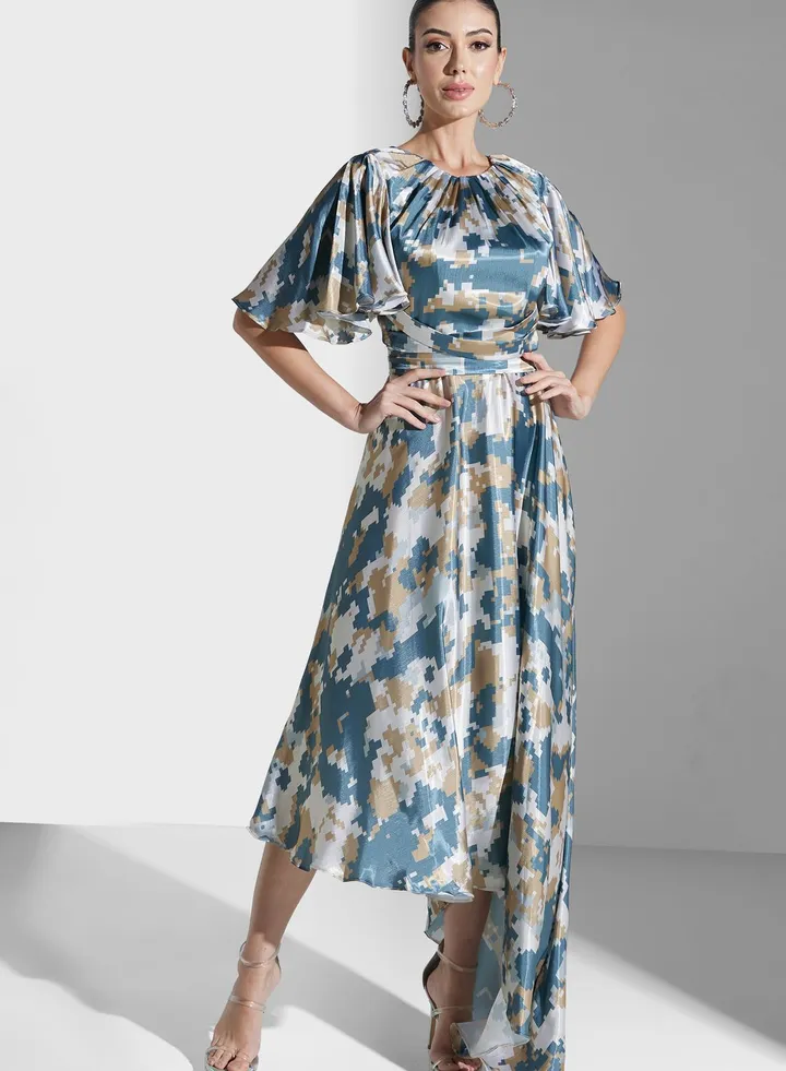 Frill Sleeve Printed Dress