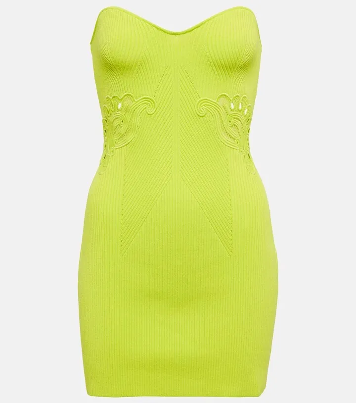 Lace-trimmed ribbed-knit minidress