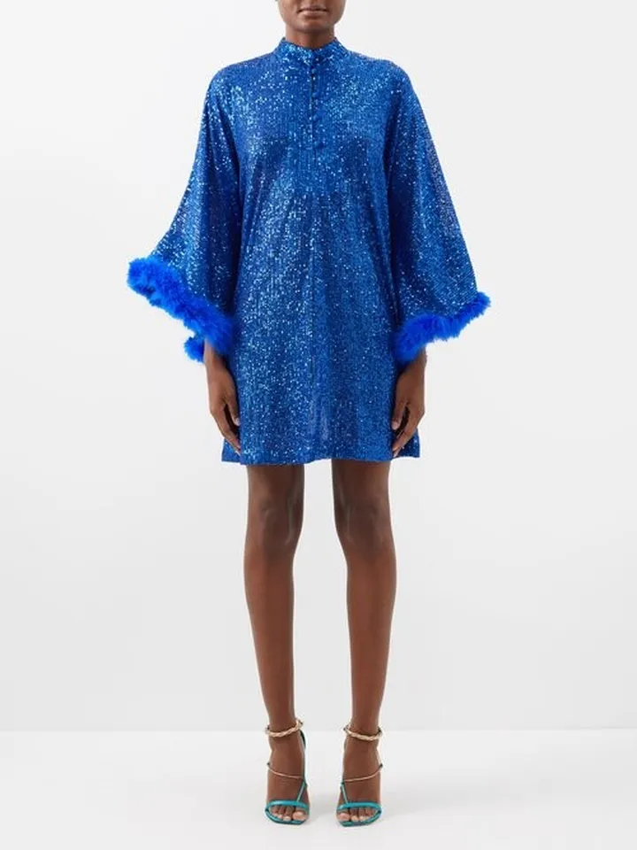 Feather-trim Sequinned-jersey Kaftan